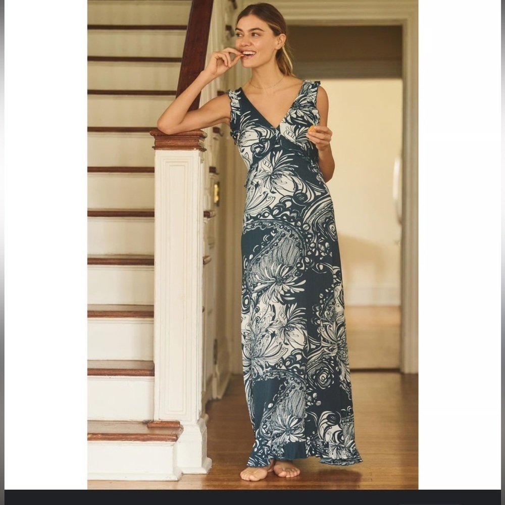 Anthropologie tropical floral ribbed maxi dress size M NWT